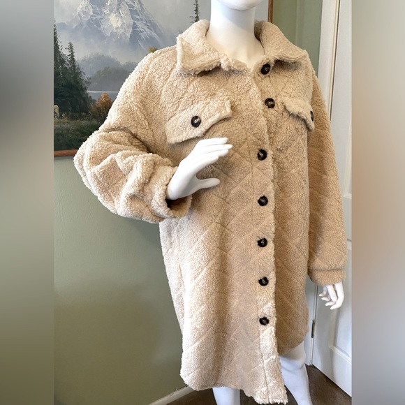 New Flap Detail Drop Shoulder Teddy Coat Shacket Button Down Long Sleeve Warm - Picture 12 of 16